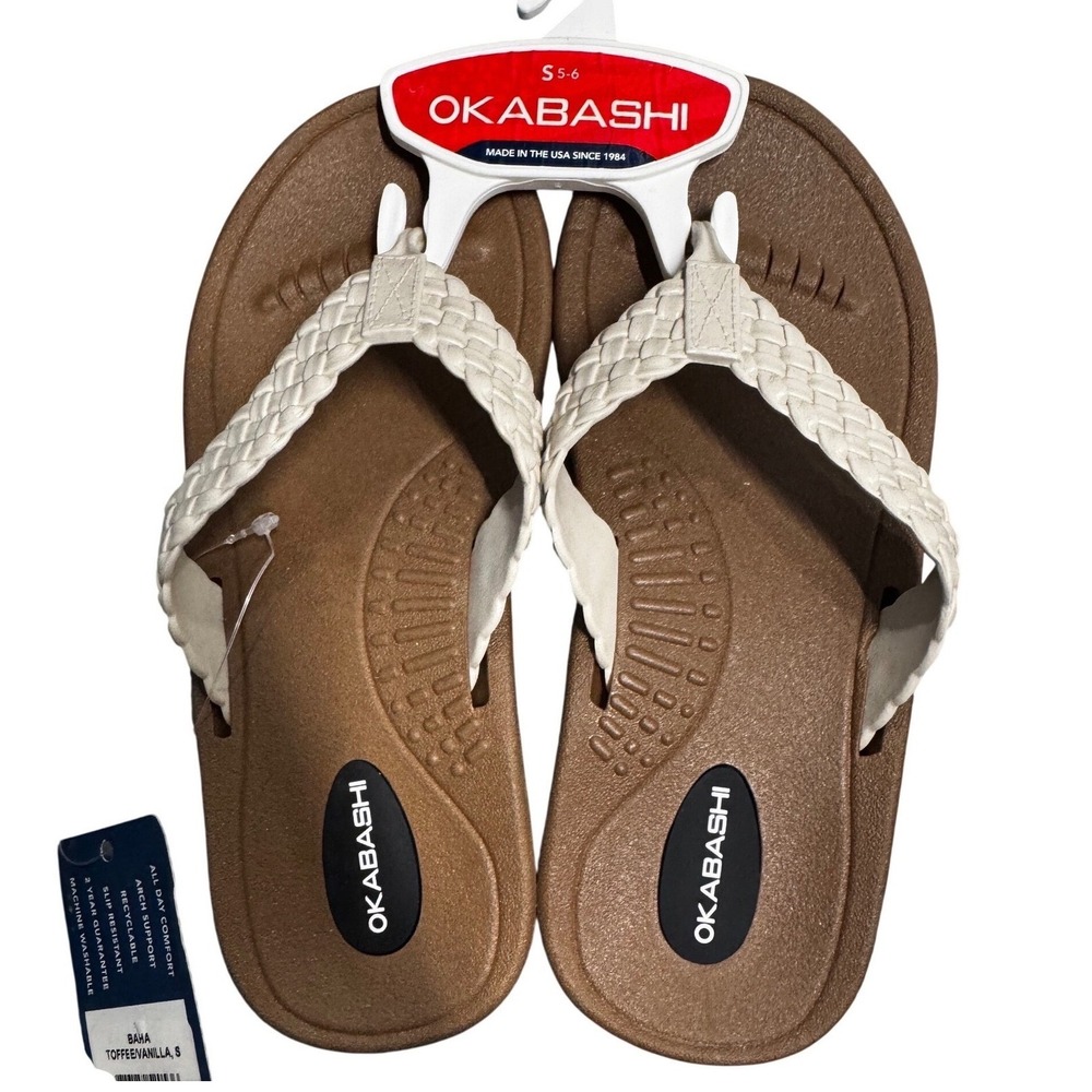 Okabashi Baha Flip Flop Sandals Toffee Vanilla Braided Comfort Womens Size S 5-6